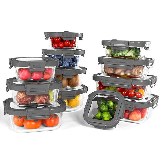 BOROHOUSE 12-Pack Glass Containers with Tempered Lids – Borosilicate, Oven-Safe, Airtight, BPA-Free, Multi-Size for Meal Prep, Dishwasher Safe (Gray)