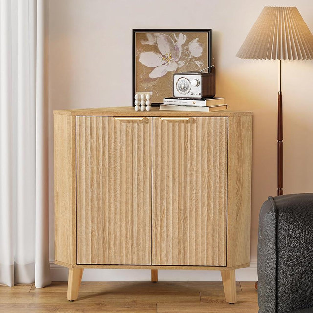 HOMREST Fluted Corner Cabinet with Power, Small Corner Accent Cabinet with Storage, Adjustable Shelve, Space Saving Sideboard, Multifunctional Organizer for Living Room, Kitchen, Bathroom (Natural)
