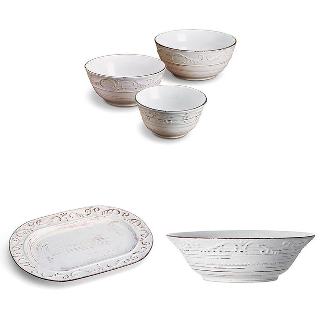 Pfaltzgraff Trellis Serving Bowls, Set of 3, White & Pfaltzgraff Trellis Serving Platter, 13.75 inch, White & Pfaltzgraff Trellis, Serve Bowl, 9", White