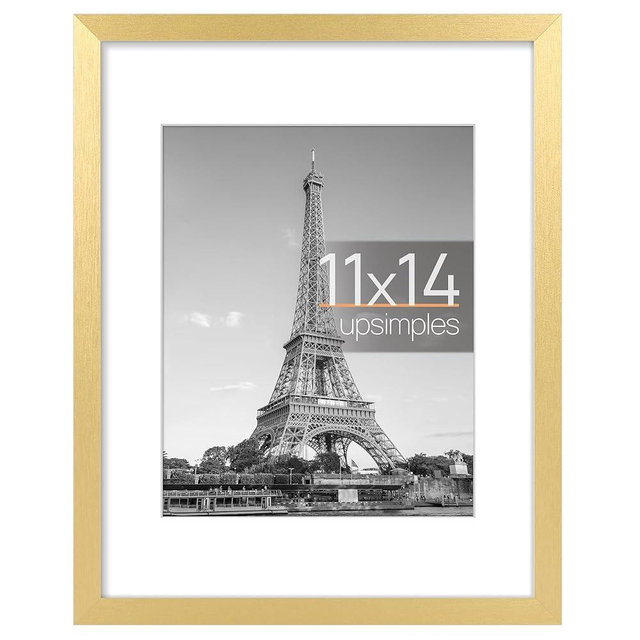 upsimples 11x14 Picture Frame, Display Pictures 8x10 with Mat or 11x14 Without Mat, Wall Hanging Photo Frame, Gold, 1 Pack