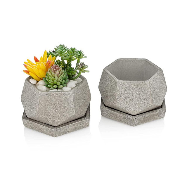 Essentra Home Succulent Pot Set of 2 | Gray Cement Hexagonal Succulent Pots with Drainage Holes | 3 Inch Pots for Plants | Small Planters for Succulents, Cactus