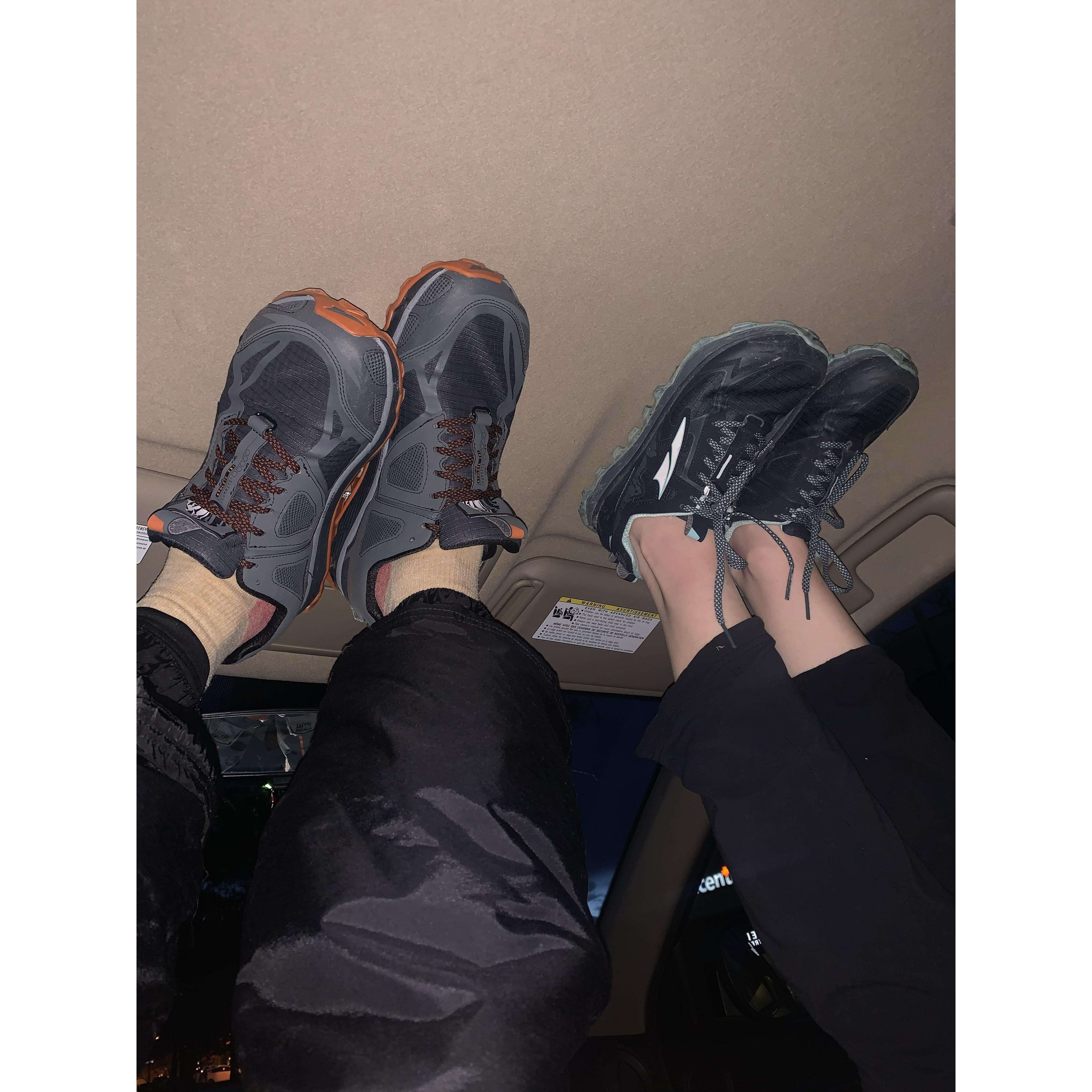 Exhausted and being weird after a long hike while waiting for our food!