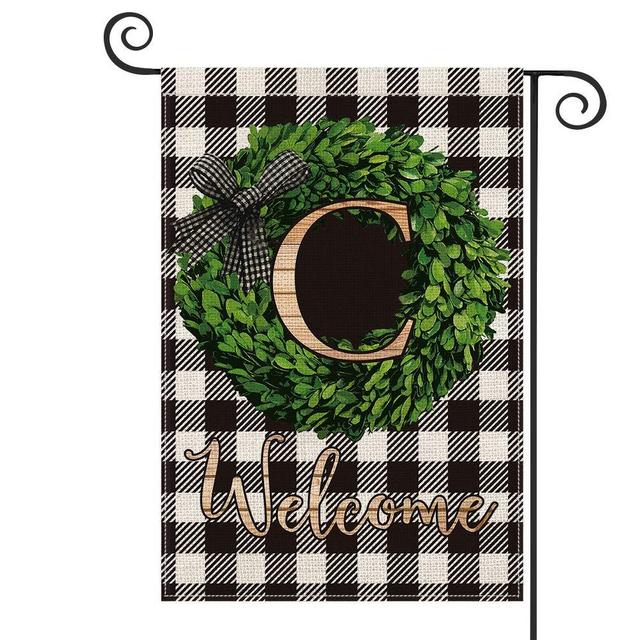 AVOIN Boxwood Wreath Monogram Initial Family Last Name C Garden Flag Vertical Double Sided, Welcome Buffalo Check Plaid Rustic Farmhouse Flag Yard Outdoor Decoration 12.5 x 18 Inch