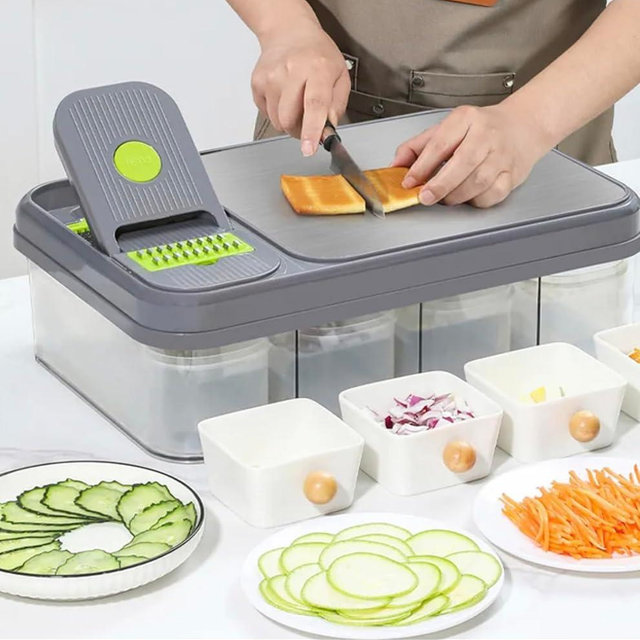 All-In-1 Veggie Prep Station with Built-In Cutting Board,Vegetable Chopper with Blades-Mandoline Slicer-Salad Onion Potatoe Dicer Cutter,Cheese Grater-Stainless Steel Pro Food Chopper with Container