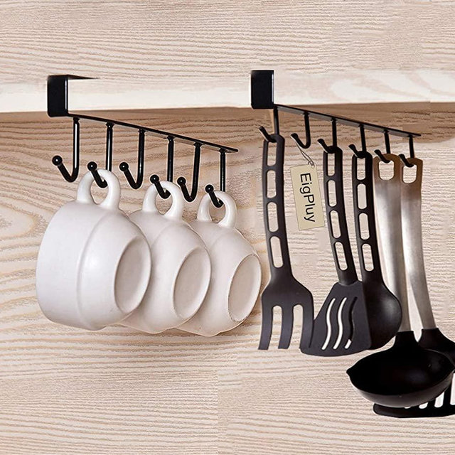 EigPluy 2pcs Mug Hooks Cups Wine Glasses Storage Hooks Kitchen Utensil Ties Belts and Scarf Hanging Hook Rack Holder Under Cabinet Closet Without Drilling,Black