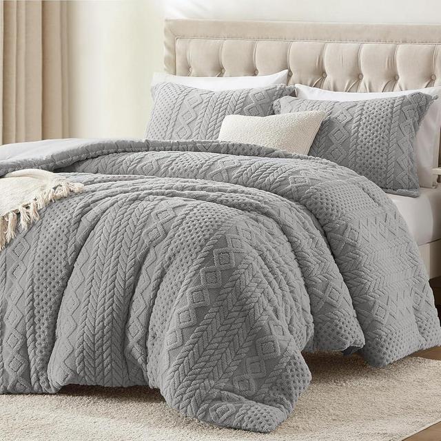 satisomnia Fluffy King Size Comforter Set, Grey Bedding Comforter King Size, 3 Piece Boho Sherpa Fleece Bed Set Fuzzy Bed Comforters Soft Warm Gray