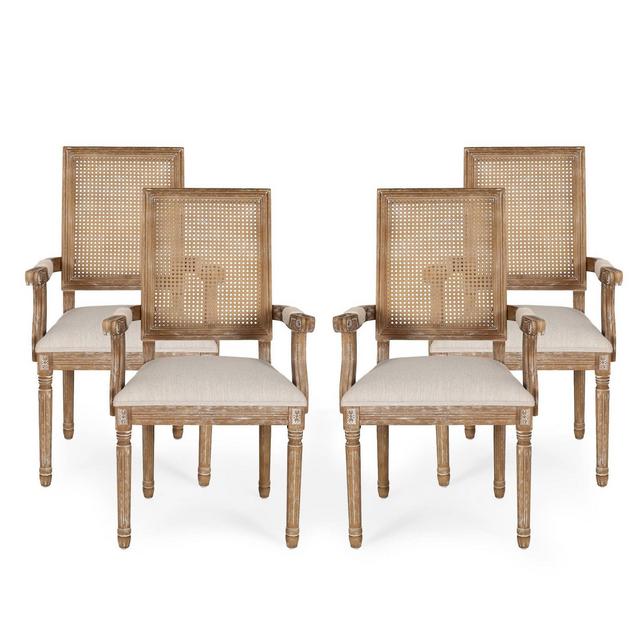 Set of 4 Maria French Country Wood and Cane Upholstered Dining Chairs Beige/Natural - Christopher Knight Home