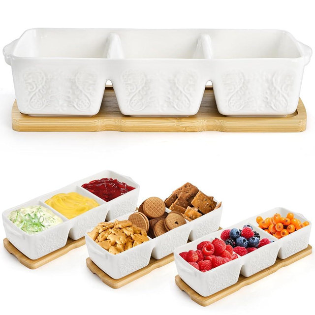 ZENFUN Chip & Dip Serving Set, 3-Compartment Serving Tray with Bamboo Condiment Tray for Entertaining and Buffets