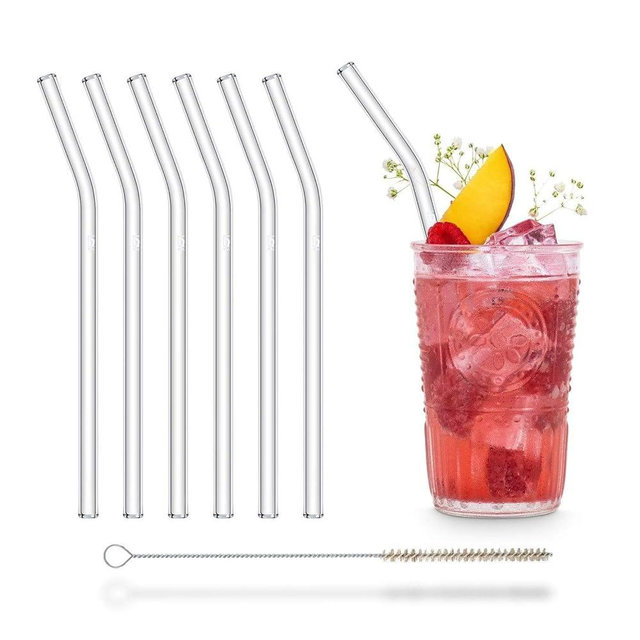 HALM Glass Straws - 6 Bent Reusable 8 inch Drinking Straws + Plastic-Free Cleaning Brush - Dishwasher Safe - Eco-Friendly - Perfect for Smoothies, Cocktails