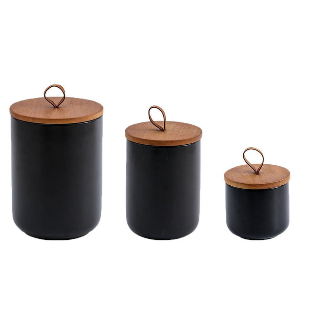 MilkyWay Ceramic Food Storage Jar, Storage Canisters with Airtight Seal Bamboo Lid Modern Design Seal Damp-Proof Kitchen Jar for Coffee, Tea, Spice and More (Black 3 sets)