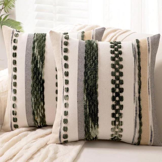 WANLIRD Boho Throw Pillow Covers 18x18 Set of 2 Farmhouse Decorative Cushion Case Striped Square Pillows Cover Chenille Pillow Cases Accent Neutral Pillowcase for Sofa Couch Bed,Dark Green