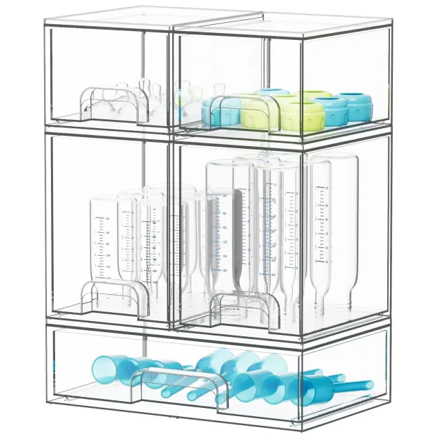 SpaceAid Baby Bottle Storage Organizer, 5-Pack Stackable Acrylic Drawer Unit with 2 Small, 2 Medium & 1 Large Bin for Countertop, Cabinet, Vanity