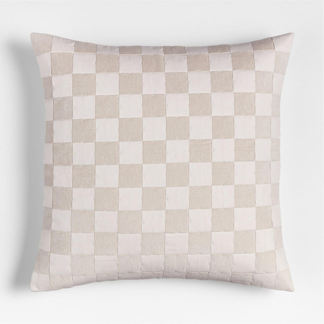 Tonal Checkerboard Organic Cotton Linen Blend 23"x23" Arctic Ivory Throw Pillow with Feather Insert