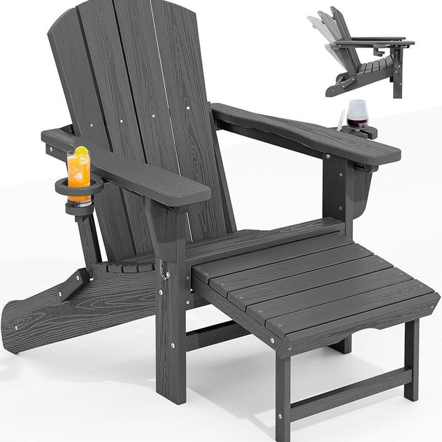 KINGYES Folding Adjustable Adirondack Chair with Retractable Ottoman, HDPE Weather Resistance Oversized Outdoor Chair with Cup Holder, Wood-Like Reclining Versatile Adirondack Chair, Grey
