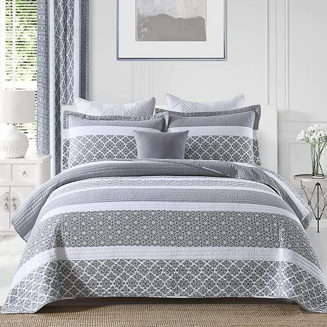 Finlonte Queen Quilt Set Striped Quilt, 100% Cotton Queen Size Quilt, Bluish Gray Lightweight Queen Quilt Bedding Set, All Season Floral Bedspread 3 Pieces