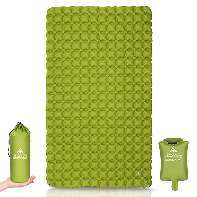 Hikenture Ultralight Double Sleeping Pad for Camping, Portable Waterproof Camping Pad with Pump Sack, Inflatable Comfort Camping Mattress 2 Person, Ripstop Camp Sleeping mat for Backpacking, Green