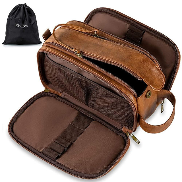 Elviros Toiletry Bag for Men, Large Travel Shaving Dopp Kit Water-resistant Bathroom Toiletries Organizer PU Leather Cosmetic Bags (Medium, Brown-Medium)