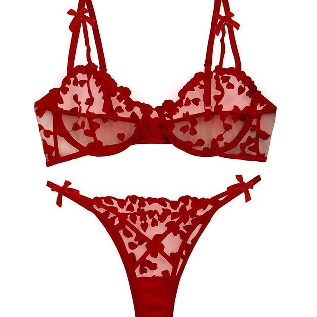 Lilosy Sexy Underwire Cute Push Up Strappy Embroidered Mesh Sheer Lingerie Set See Through Panty Bra