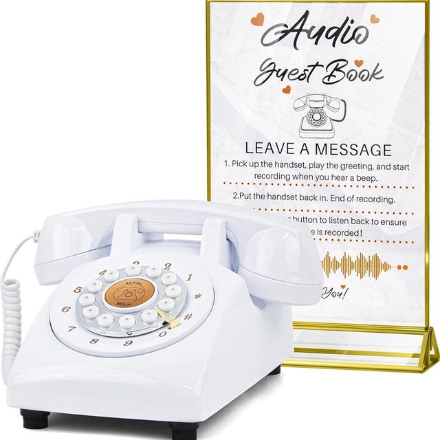FiayaCom Audio Guest Book Wedding Phone,32GB Memory Customized Audio Messages, Volume Adjustable, with Message Replay Feature, Suitable for All Kinds of Party(White+Golden Sign)