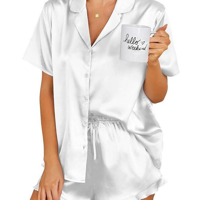 Ekouaer Womens Satin Pajamas Set Button Down 2 Piece Silk Pjs Shorts Set Ruffle Lingerie Notch Collar Sleepwear