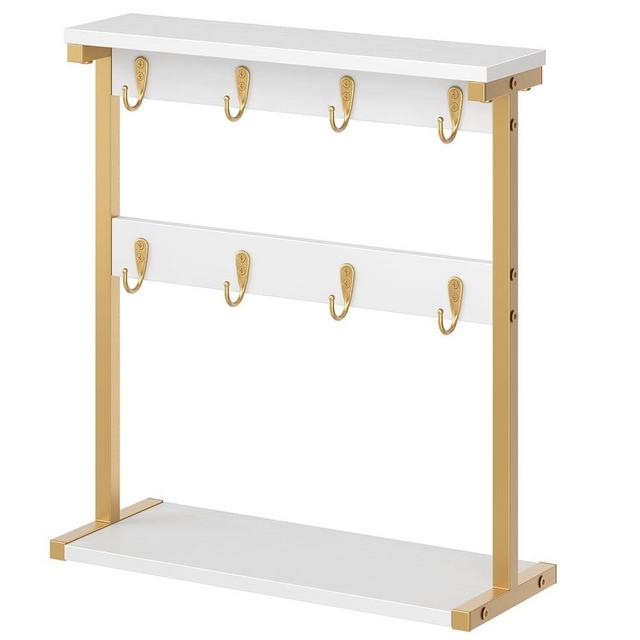 YATINEY Coffee Mug Holder for Counter, 2 Tier Mug Tree Rack, with 8 Hook and 2 Open Shelves, Vintage Mug Holder Stand for Home Kitchen, White and Gold MH43DW