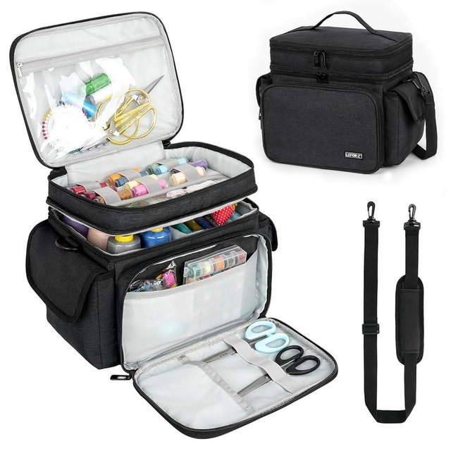 LEFOR·Z Sewing Supplies Organizer Storage Bag,Double-Layer Protable Travel Sewing Basket for Sew Accessories & Tools,Black(Bag Only)