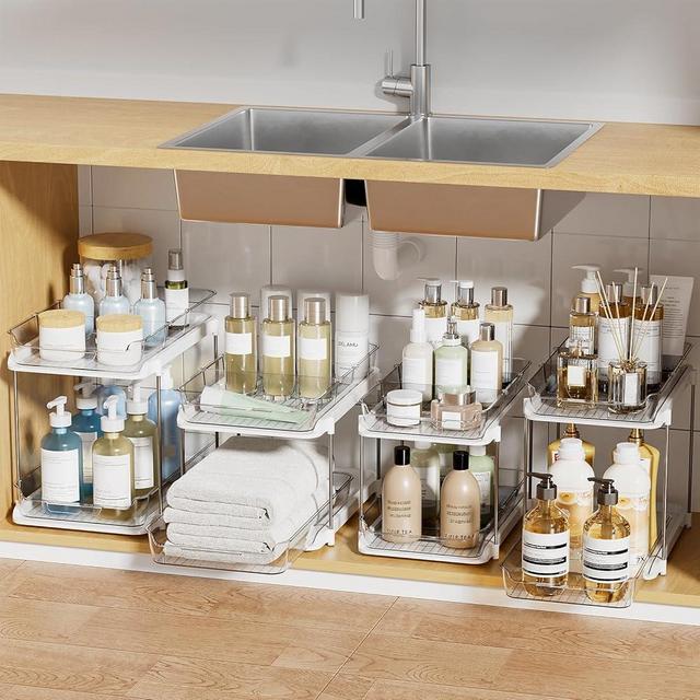 Delamu 4 Sets of 2-Tier Multi-Purpose Bathroom Under Sink Organizers and Storage, Stackable Kitchen Pantry Organization, Pull Out Medicine Cabinet Organizer with 8 Movable Dividers