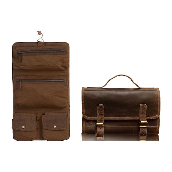 Genuine Buffalo Leather Hanging Toiletry Bag Travel Dopp Kit