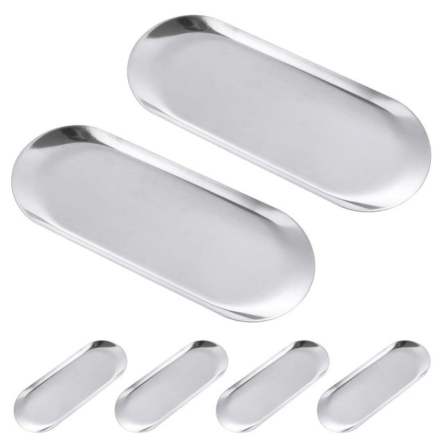 CYEAH Stainless Steel Decorative Tray Set of 6, Silver Decorative Tray 9 inch, Oval Jewelry Dish Bathroom Vanity Small Serving Trays Candle Holder, Stainless Steel Cosmetics Perfume Trays