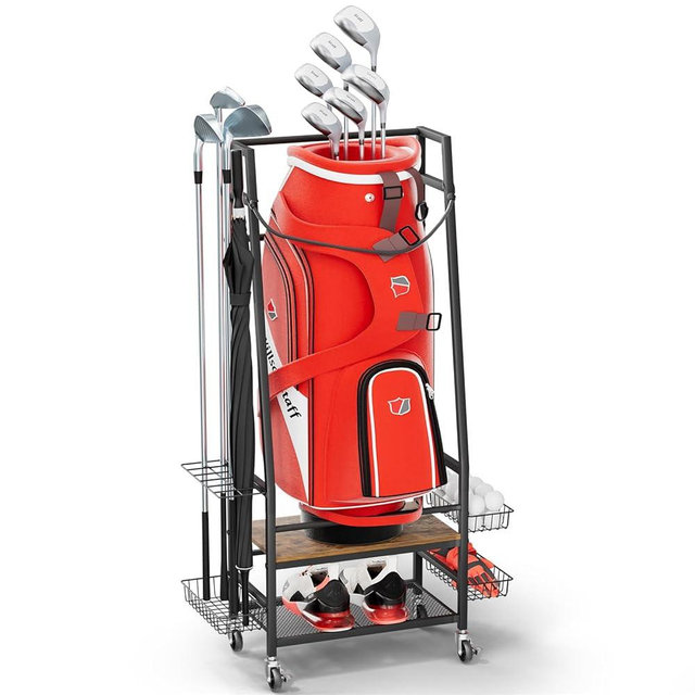 Golf Bags Storage Garage Organizer - Golf Bag Stand Fit Single Golf Bags, Golf Clubs, and Golf Equipment Accessories, Golf Bag Organizer Rack with Wheels for Garage, Club, Shed, Basement