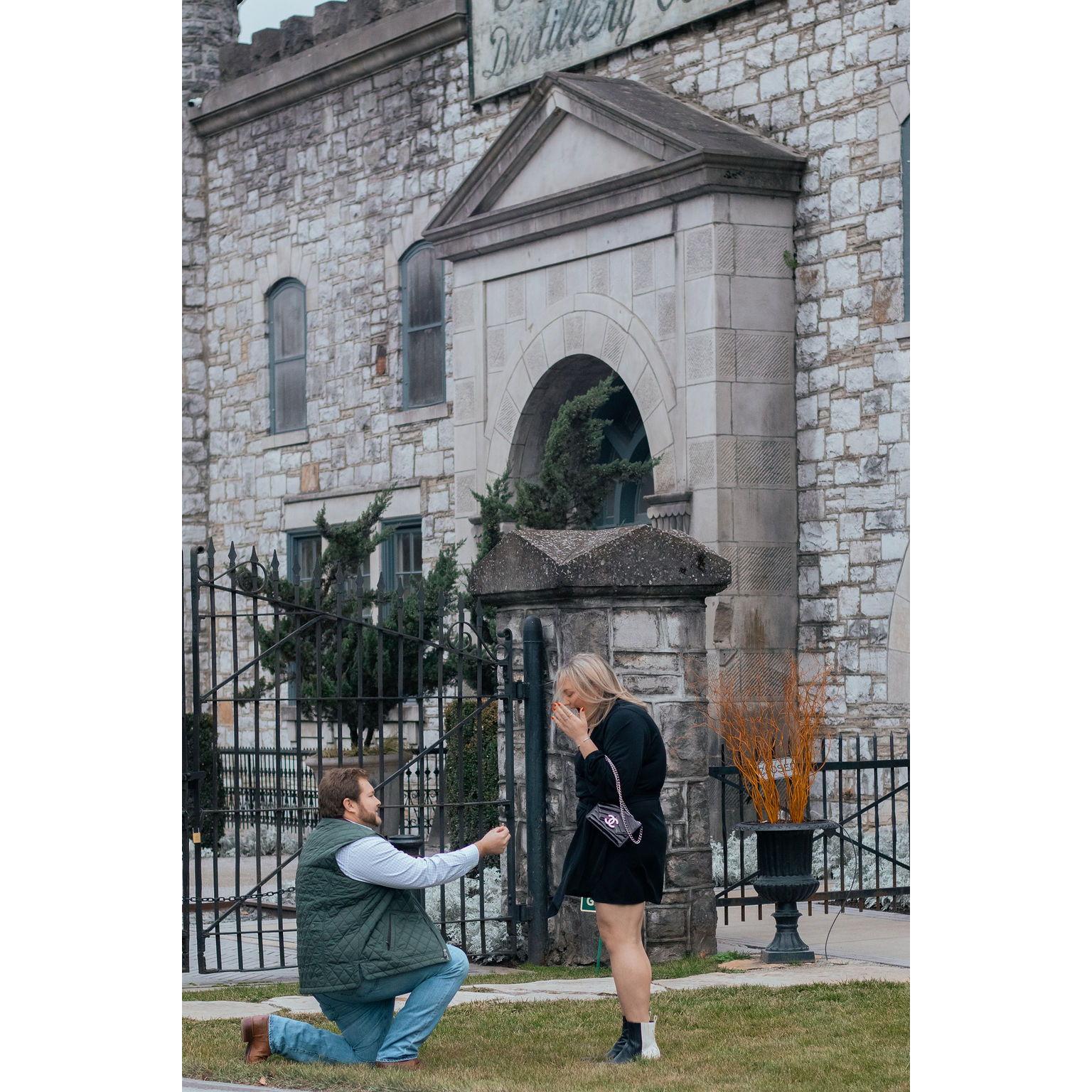 Andy proposed on New Year's Eve 2023 at Castle & Key Distillery.