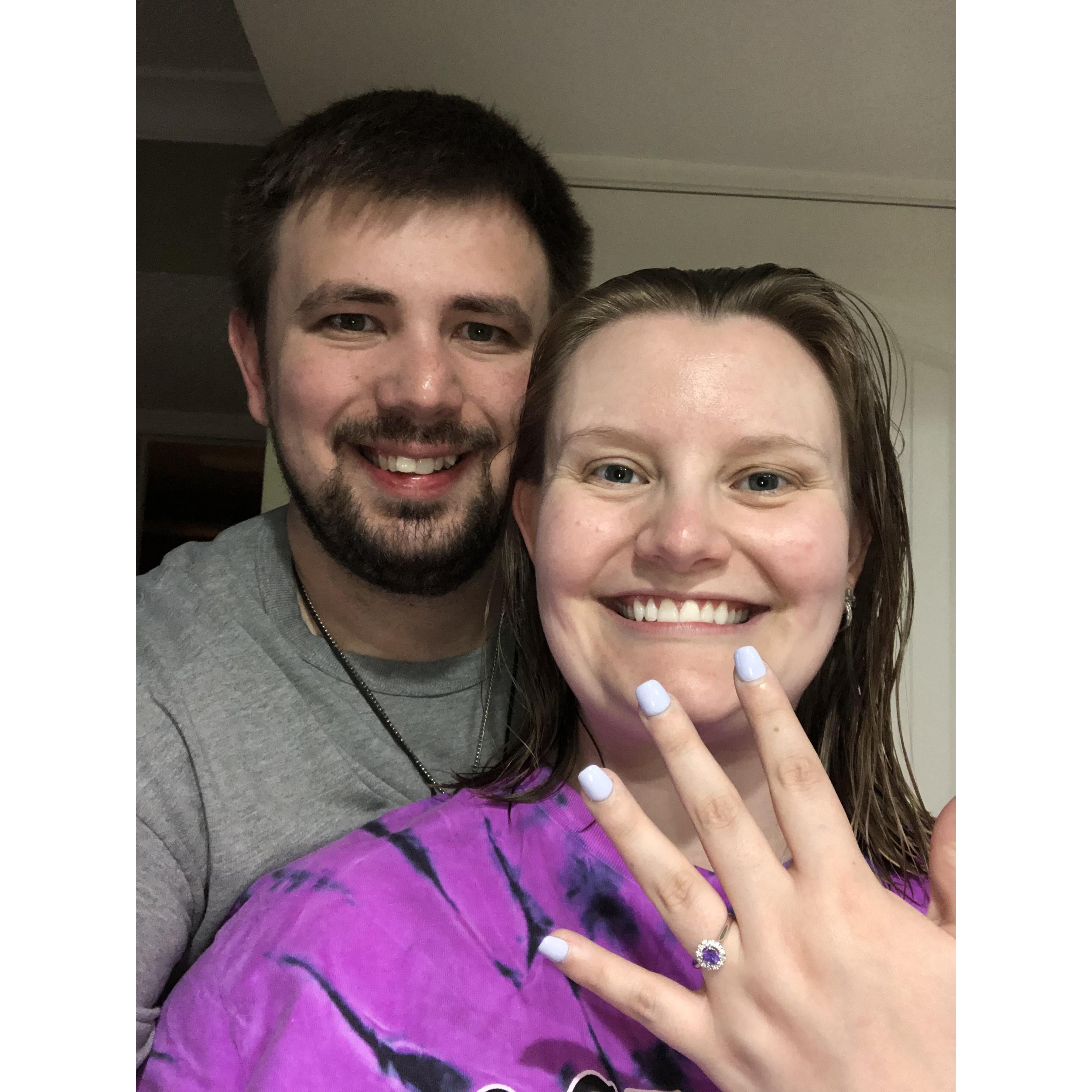 Engaged in Ocean City, MD on the beach at sunset. Darrell custom made Allison a purple sapphire surrounded by diamonds for her engagement ring!