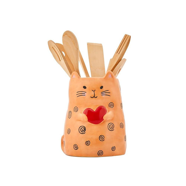 Bico Cartoon Cat Handpainted Stoneware Orange 7.8 inch Utensil Holder, Dishwasher Safe