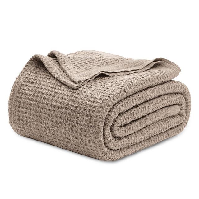 Bedsure 100% Cotton Blankets Queen Size for Bed - Waffle Weave Blankets for Summer, Lightweight and Breathable Soft Woven Blankets for Spring, Tan/Taupe, 90x90 Inches