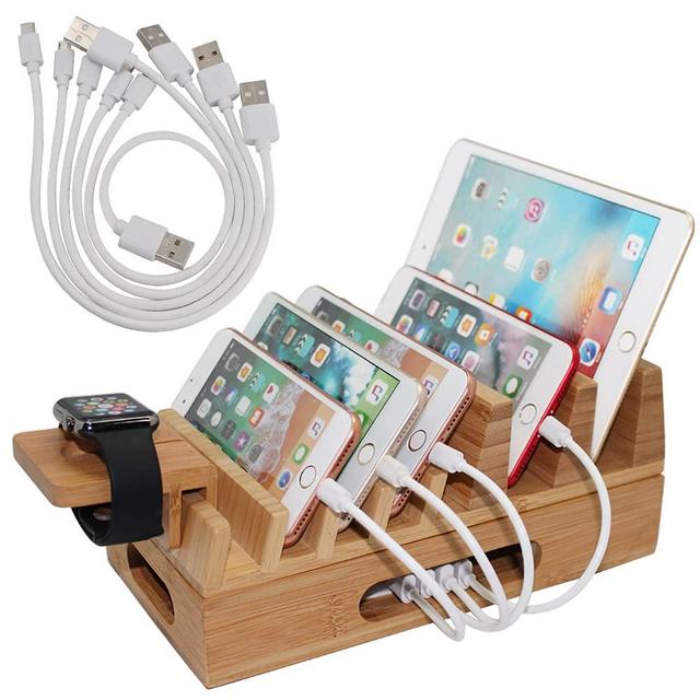 Bamboo Charging Station Organizer for Multiple Devices Wood Desktop Docking Charging Stand Such As Cell Phone, Tablets, Phone Case and Watch Stand - Pezin Hulin(No USB Charger)