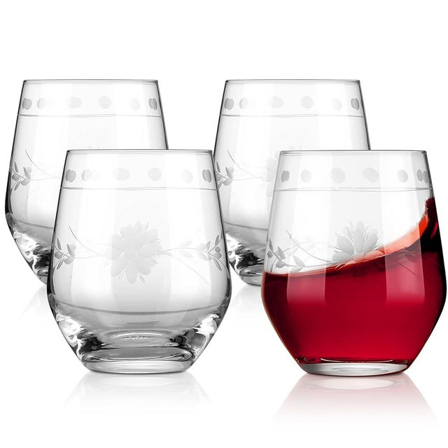 Royalrose Delight Glasses, 15 ounces, Set of 4, Unique Vintage Style Glass Set with Decorative Etching, Dishwasher Safe. (Stemless Wine Glasses)
