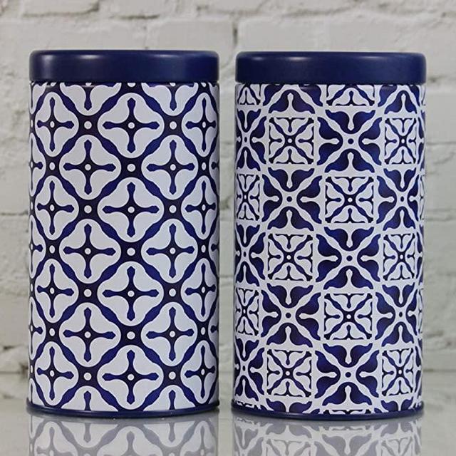 Tea Tin Storage Blue Design Set of 2.Air tight Lid. Tea, Coffee, Food Storage.Loose Leaf tea. Size 3.38 X 6.29 inches. Beautiful Matte Finish
