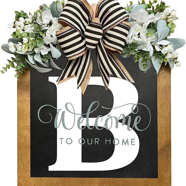 16'' Personalized Last Name Welcome Sign, Door Wreaths for Front Door Outside, Spring Wreath for Front Door Decor, Farmhouse New Home Gifts for Home (B)