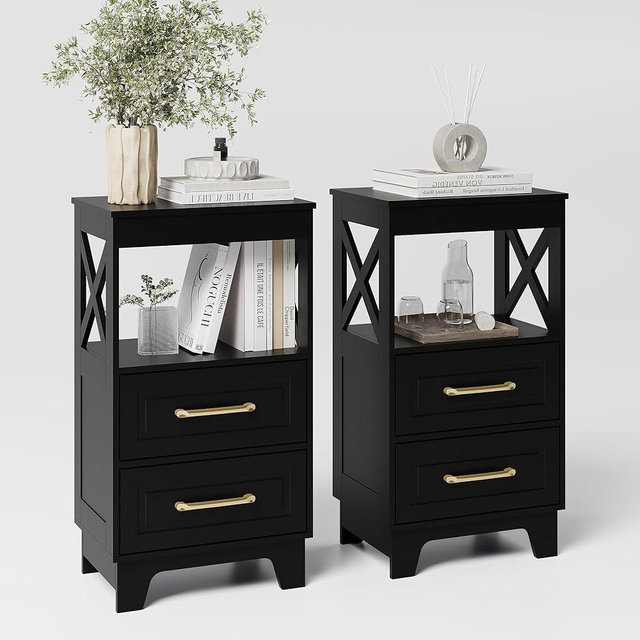 ZYKZYK Tall Nightstand Set of 2 Side Table with 2 Drawers Modern Night Stand Wooden End Table Bedside Table with Upper Open Shelf Solid Feet for Bedroom, Living Room, Black