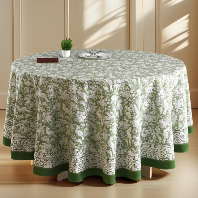 CPC Round Tablecloth- Cotton Indian Block Print Tablecloth -Handmade Printed Washable Cotton Table Cloth - Spring/Summer, Wedding Table Cover - Olive Green 60 Inches