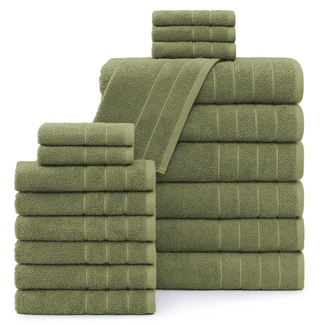 Casa Platino 100% Luxury Cotton Bath Towel Pack of 18 - Softer, High Absorbency & Durable - 6 Bath, 6 Wash Cloth, 6 Hand Towels for Bathroom - Premium Look, Spa Quality, Solid Dyed Towels - Oil Green