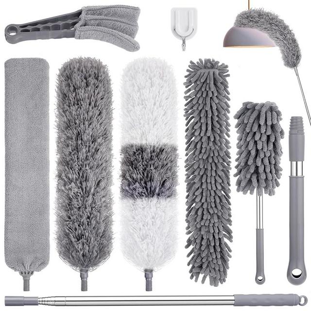 Dusters for Cleaning,9Pcs Feather Duster with Extension Pole Up to 100'',Extendable Bendable Washable Long Feather Duster for Cleaning Ceiling Fan,High Ceiling,Furniture