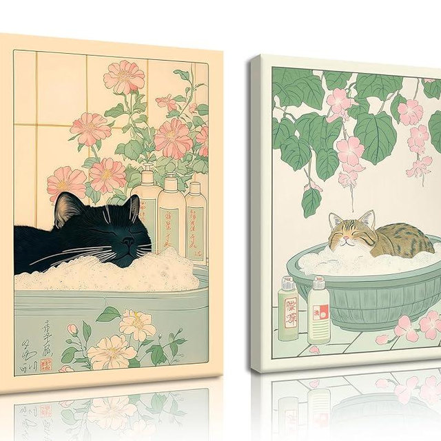 Japanese Cat Bathroom Wall Art Set of 2 Funny Black Cat in Bathtub Wall Decor Paintings Cute Tabby Cat Poster Canvas Prints Vintage Animal Aesthetic Pictures for Restroom 12x16 Inch Framed