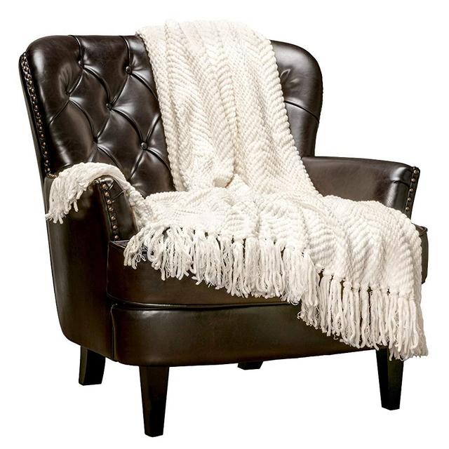 Chanasya Textured Knitted Super Soft Throw Blanket with Tassels Warm Cozy Lightweight Fluffy Woven Blanket for Bed Sofa Chair Couch Cover Living Bed Room Off White Throw Blanket (60x70 Inches) Cream