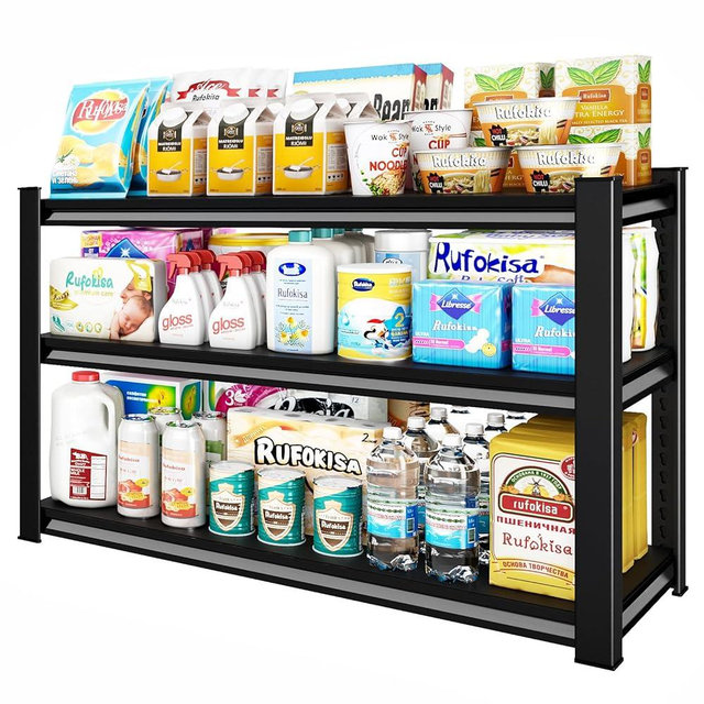 Rufokisa 3-Tier Garage Shelving Heavy Duty，48" W Metal Shelving Unit for Garage, 1650 lbs Load Capacity Utility Rack Shelves＆ Garage Shelves, 48”W x 18”D x 39”H(Black)