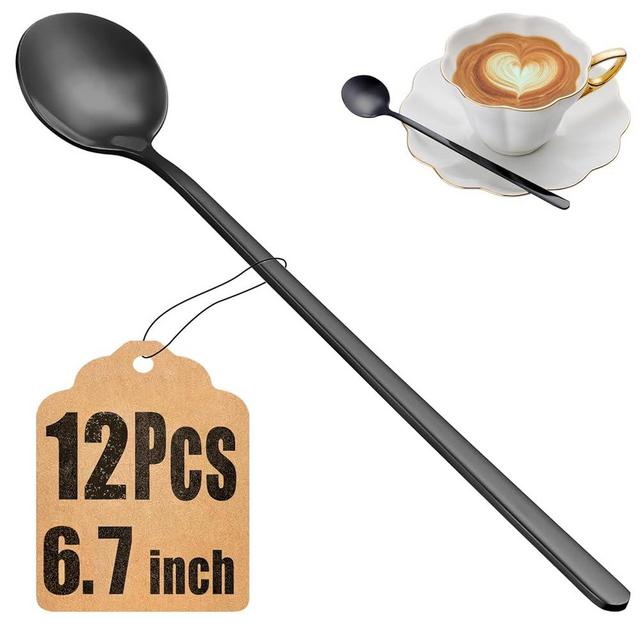 12 Pcs Coffee Spoons Set, 6.7 inch Black Tea Spoons Long Handle, Stirring Spoons, Black Small Teaspoons, Food Grade Stainless Steel Black Spoons, Long Spoons for Stirring, Black Metal Espresso Spoons
