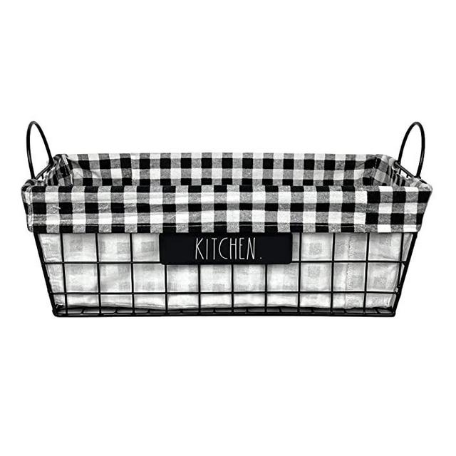 Rae Dunn ‘Kitchen’ Metal Lined Basket - Rustic, Farmhouse, Vintage Style with Wire and Fabric - Storage Organizer for Kitchen, Pantry, Laundry Room, Closet, Nursery, Office - Cute Home Décor