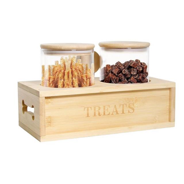 Brabtod Dog Treat Container,Airtight Dog Treat Jar,Pet Treat Container,Cat Treats Storage Container,Pet Food Storage for Dog and Cat,Wooden Holder with 2 Glass Food Jars and Scoop