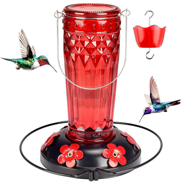 Hummingbird Feeder-16 Ounces，6 Feeding Ports Glass hummingbird feeders for outdoors,Wide Mouth for easy filling/Cleaning，Hanging for Garden Backyard Decor, includes Ant Moat (Red)