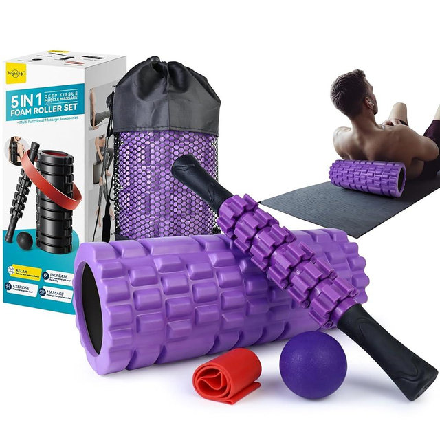 Krightlink 5 in1 Foam Roller Set, High Density Deep Tissue Massager for Muscle Massage, Massage Roller, Massage Ball, Resistance Band for Whole Body Physical Therapy Deep Muscle Massage (Purple)